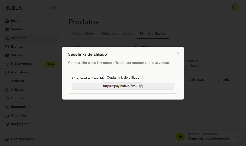 Modal Seus links de afiliado na Hubla, com o link de checkout do afiliado e o botão Copiar link de afiliado